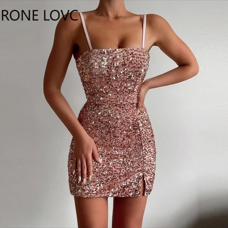 Women Sexy Elegant Sequins Cami Spaghetti Strap Small Silt Mini Bodycon Sexy Party Dress Pink