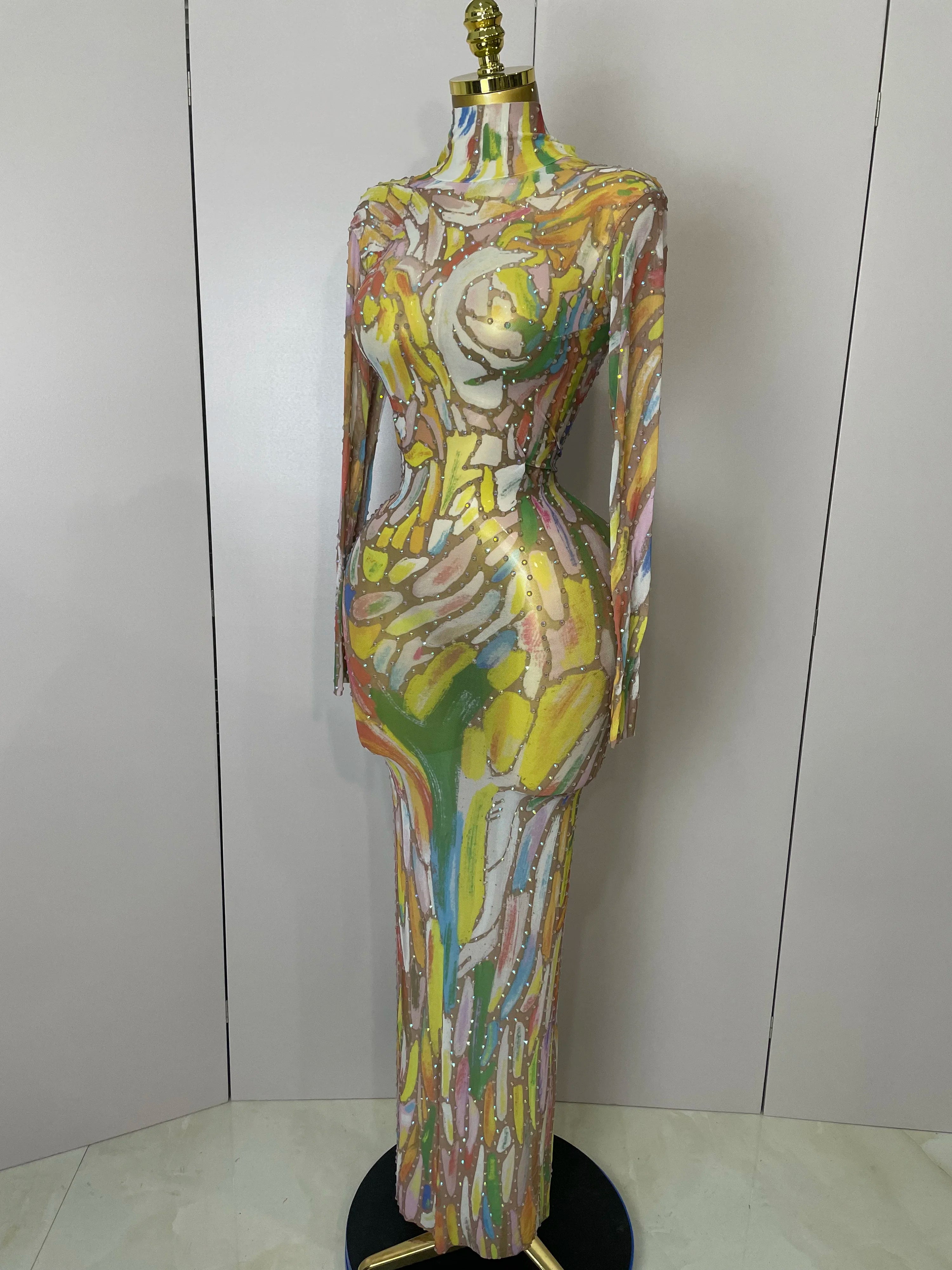 Sparkle Rhinestone High Neck Colorful Printed Long Dress 2025Women Sexy Evening Birthday Celebrate Stage Performance Costume