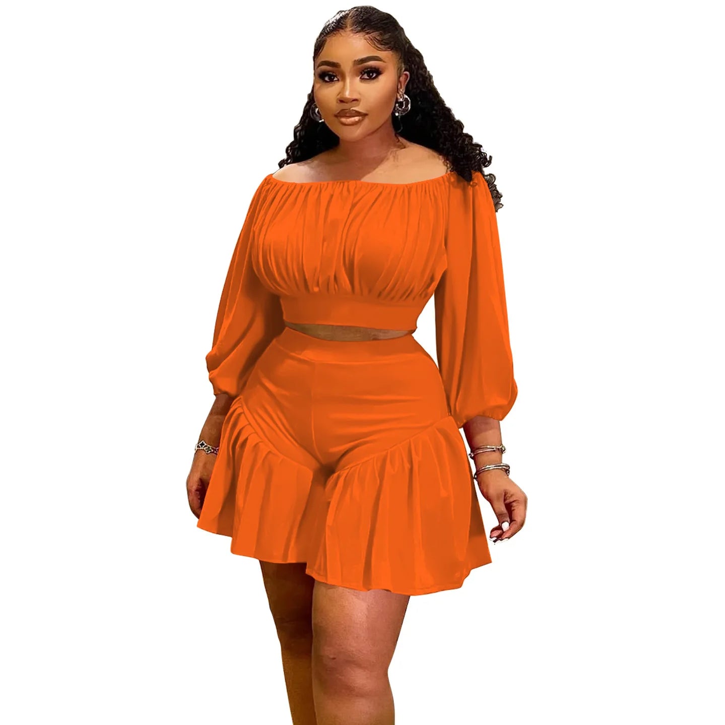 Plus Size Women's Set Long Sleeve Slash Neck T-Shirt and Shorts 2025 Summer Ruched Two 2 Piece Set Outfits Tracksuit Orange