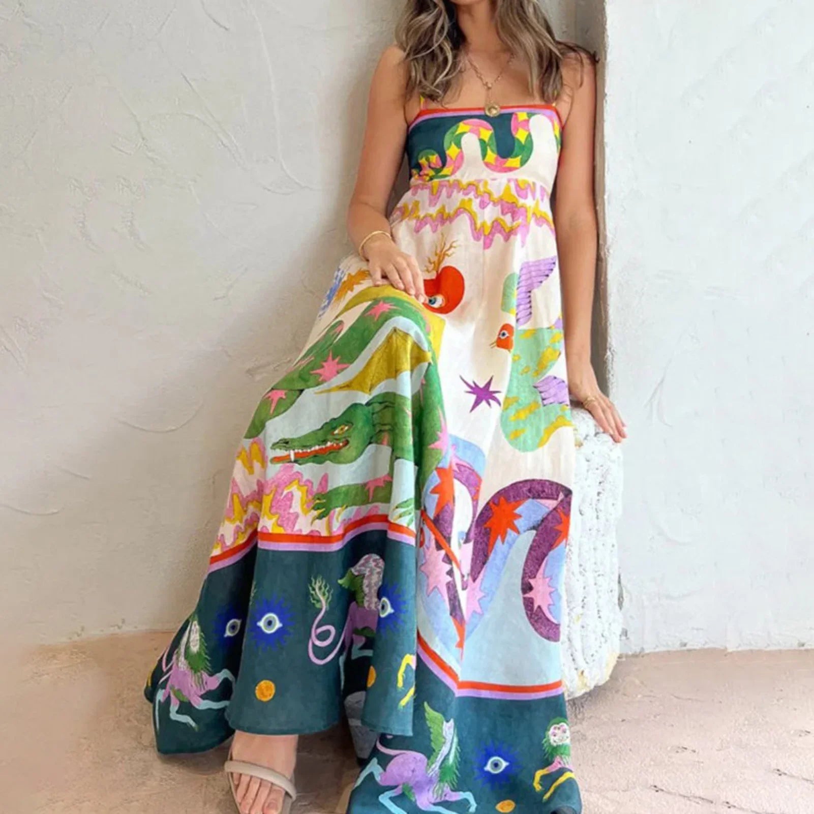 Fashionable Long Suspender Dress With Colorful Printed Comfy Soft Versatile Leisure Dress Birthday Gift