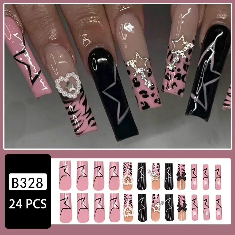 24Pcs French False Nails Pink Zebra Pattern Press on Nails Medium Square Coffin False Nails Y2k Artificial Full Cover Nail Tips 19