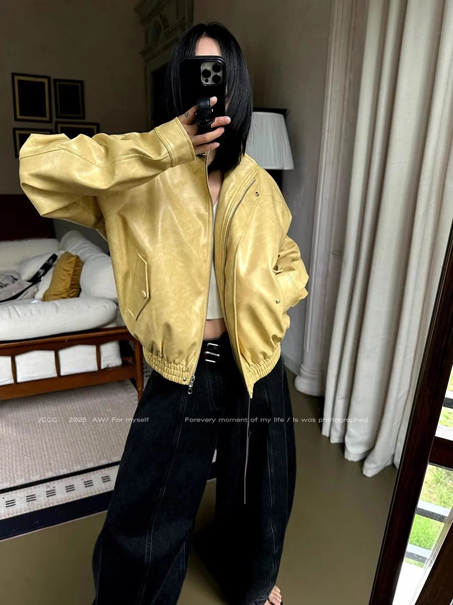 Lautaro Autumn Cool Short Oversized Distressed Yellow Pu Leather Jacket Women Zipper High Quality American Retro Unisex Clothes
