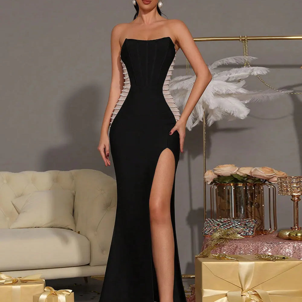 2025 Sexy Women'S Patchwork Bead Design Bandage Dress Strapless Sleeveless Bodycon Backless Split Length Dresses Party Vestidos black