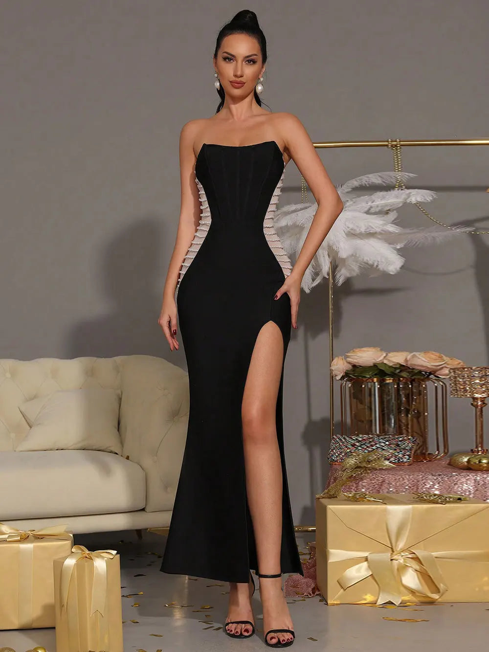 2025 Sexy Women'S Patchwork Bead Design Bandage Dress Strapless Sleeveless Bodycon Backless Split Length Dresses Party Vestidos black