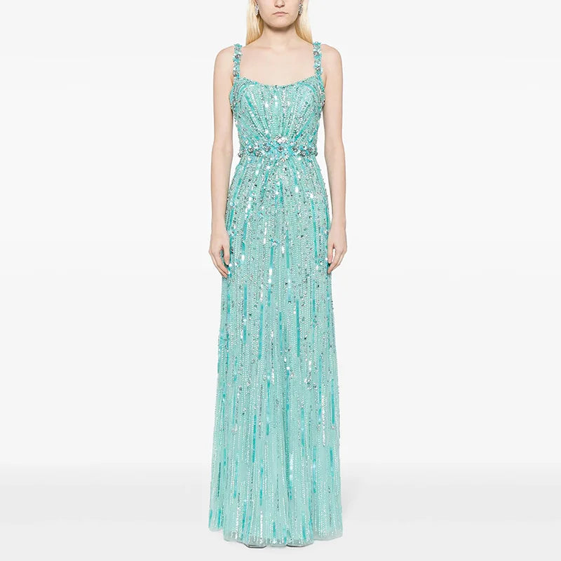 Slimming Spliced Sequins Luxurious Dresses for Women Square Neck Sleeveless Patchwork Bead Elegant Dress Female New