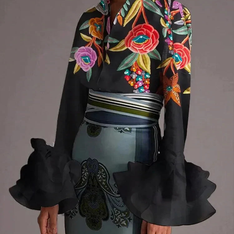 Modigirl New Autumn Vintage Blouses Women's Flared Sleeves Blouse Urban Flower Printed Elegant Shirts Tops for Woman black print