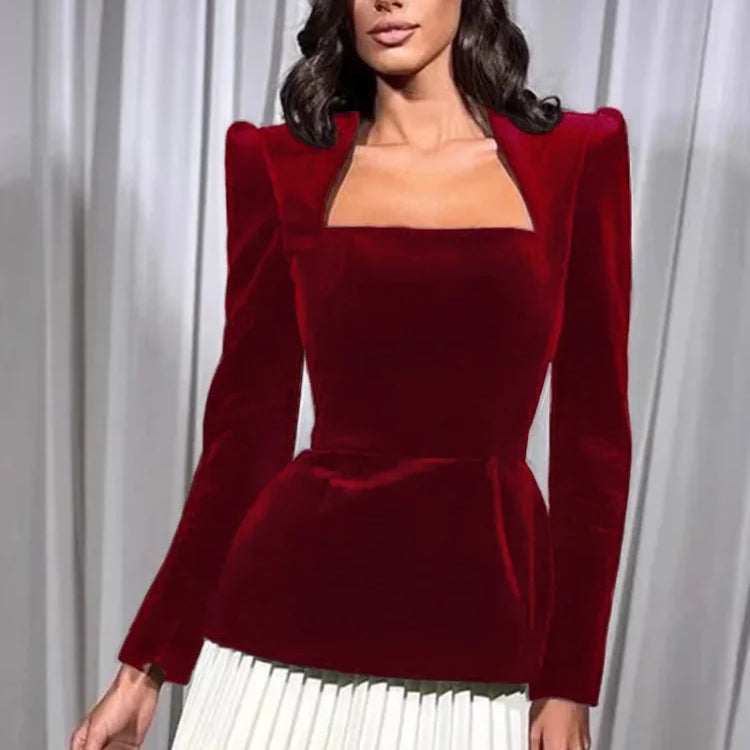 Fashion Contrasting Pleated Hem Midi Dress Elegant Square Neck Shoulder Pad Velvet Short Dresses Fall Lady Evening Party Vestido Red