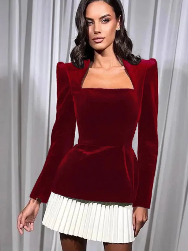 Fashion Contrasting Pleated Hem Midi Dress Elegant Square Neck Shoulder Pad Velvet Short Dresses Fall Lady Evening Party Vestido Red