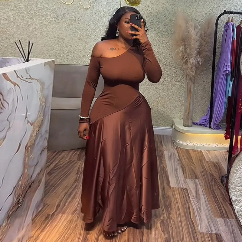 Women One Shoulder Full Sleeve Maxi Long Dress 2025 Summer Patchwork Vintage Birthday Sexy Club Party Evening Dresses Brown