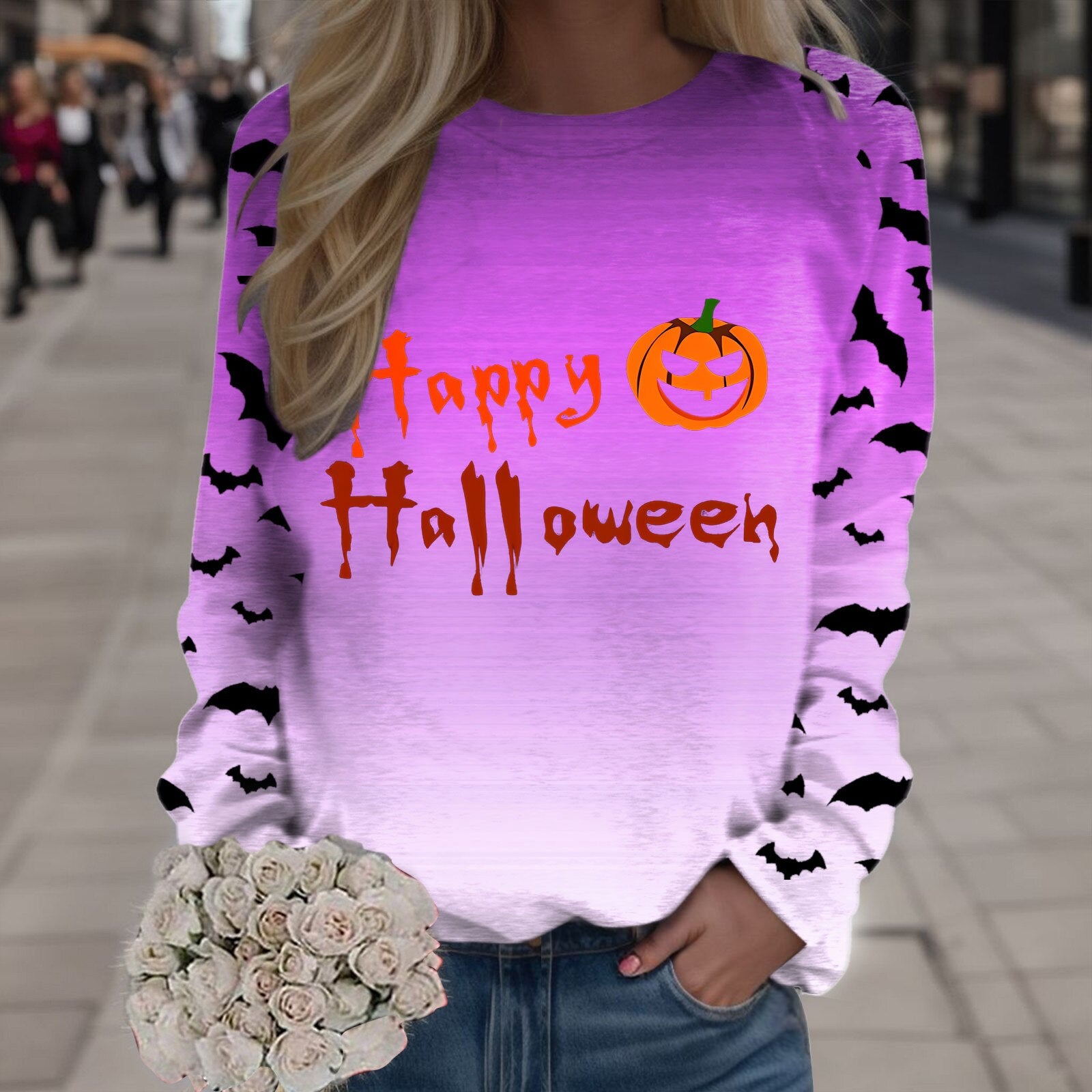 Women Autumn Sweatshirt Halloween Print Pullover Crew Neck Long Sleeve Top Ladies Fashion Sweaters