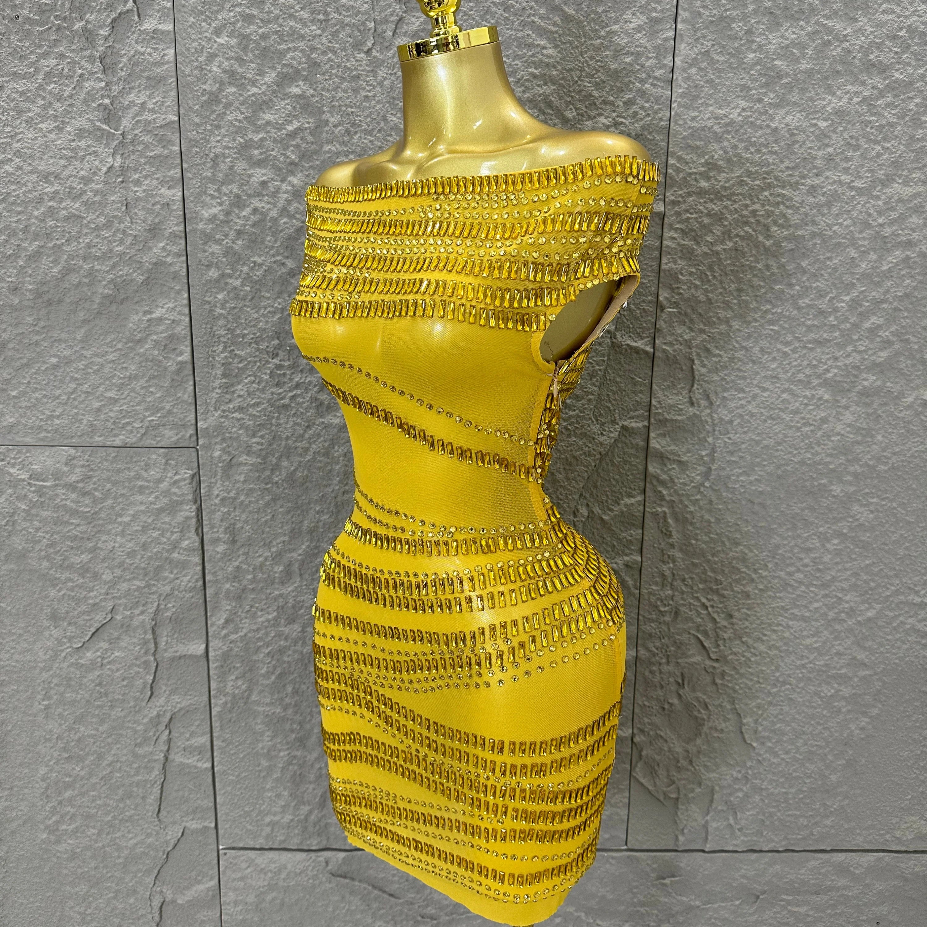 Luxury Gold Off-Shoulder Mini Dress Women Sexy Sheer Mesh Full Gold Crystal Embellished Form-Fitting Outfit Formal Event Party