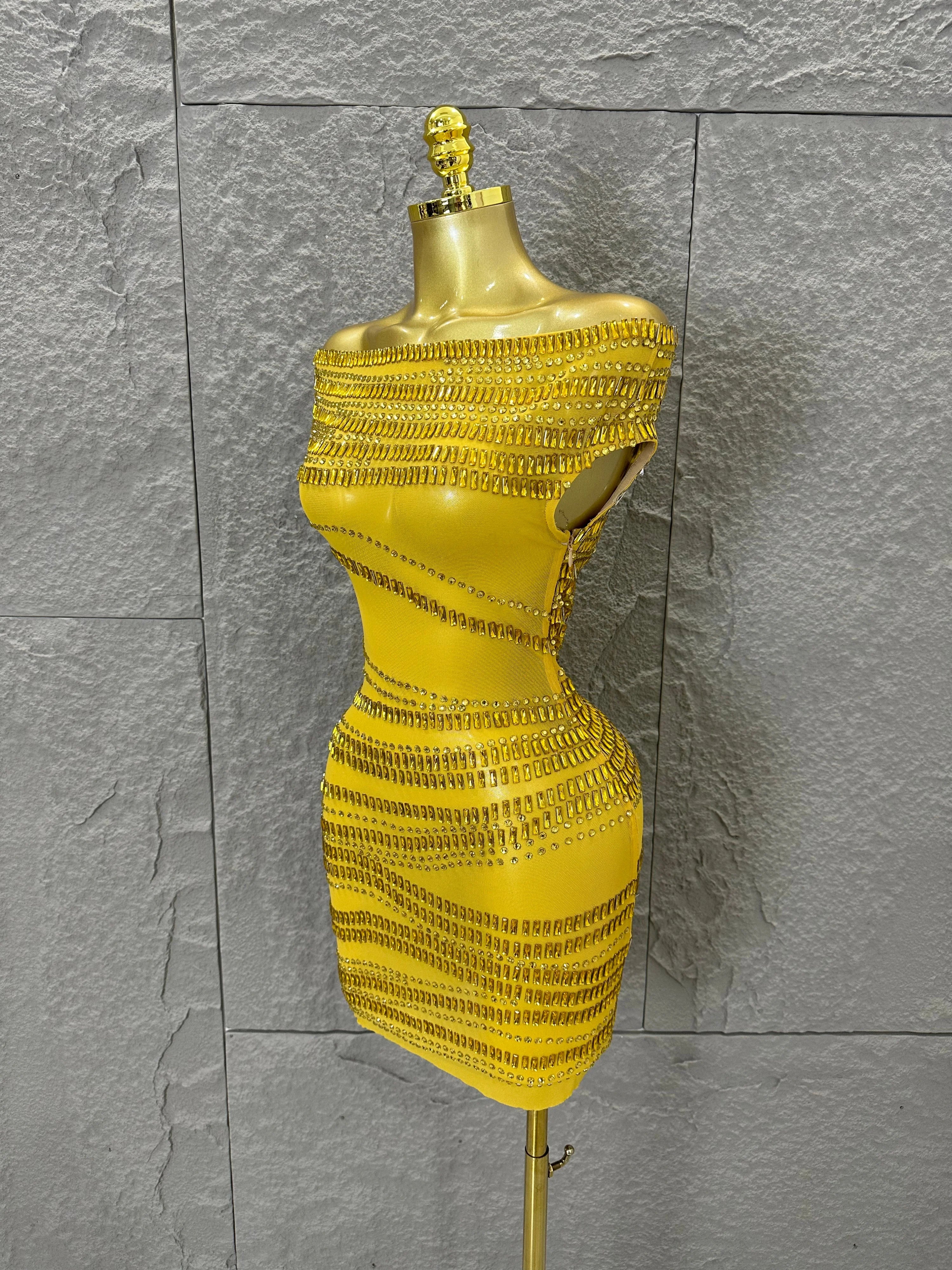 Luxury Gold Off-Shoulder Mini Dress Women Sexy Sheer Mesh Full Gold Crystal Embellished Form-Fitting Outfit Formal Event Party