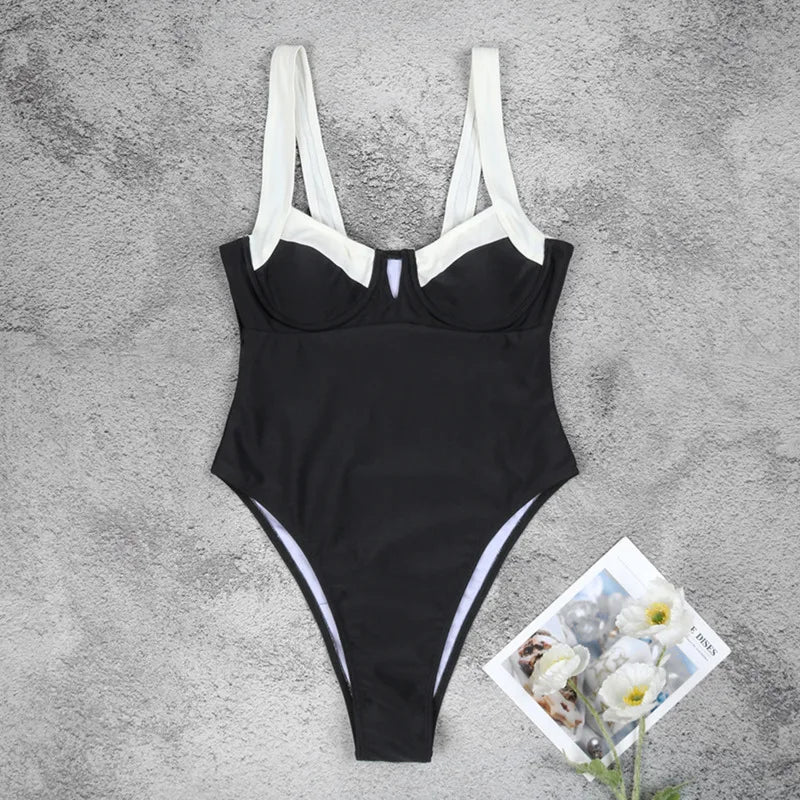 Beach Style Black White One Piece Swimsuit Summer Sexy Backless Bikini Set New Solid Shoulder Strap Swimming Suit For Women