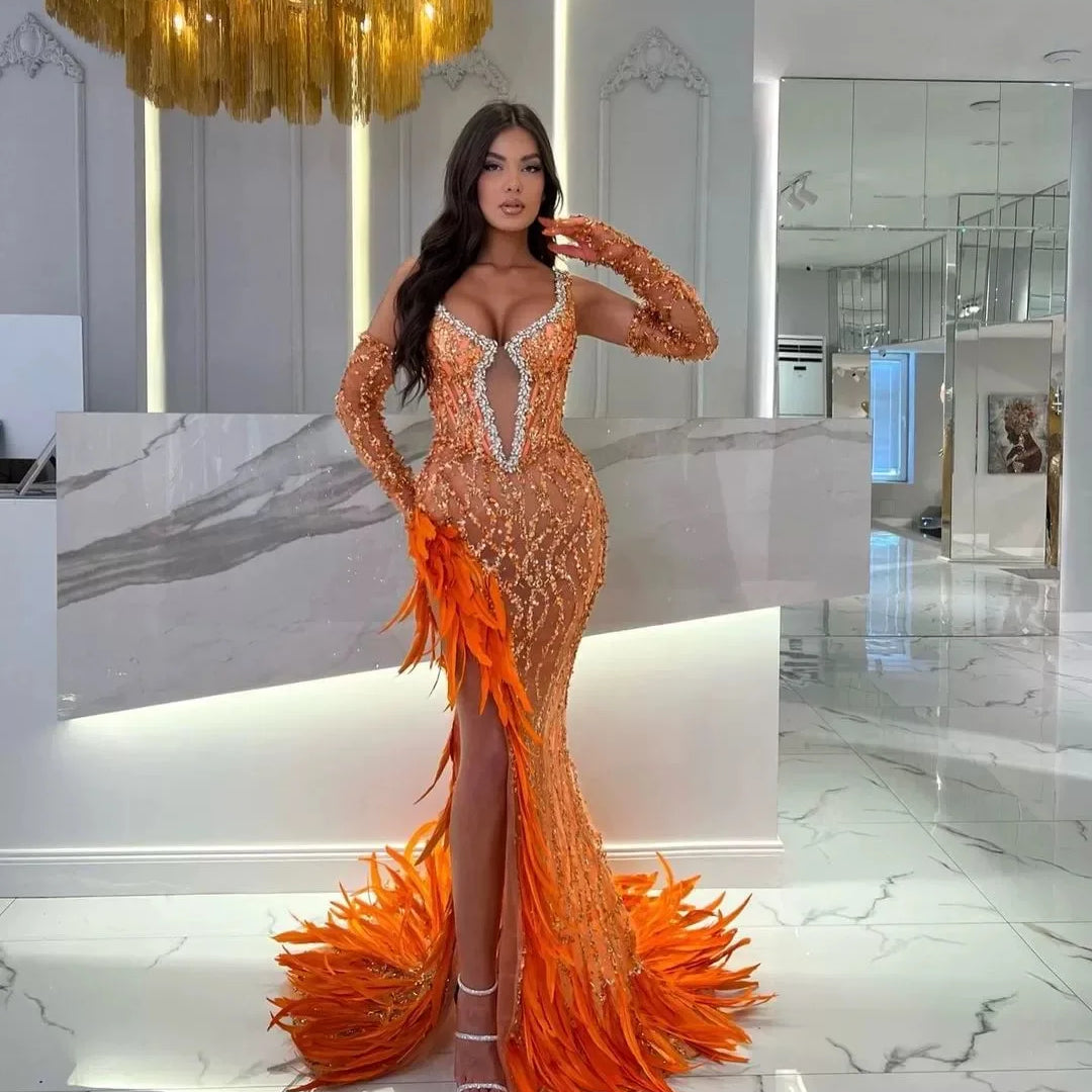 Women Luxury Sexy V Neck Feather Beading Mesh Sequins Sparkly Maxi Long Gowns Dress Elegant Celebrity Evening Party Club Dress