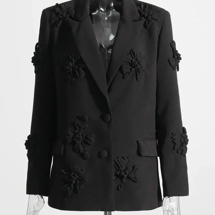 Solid Patchwork Appliques Two Piece Sets For Women Lapel Long Sleeve Coat High Waist Pant Chic Set Female Clothing