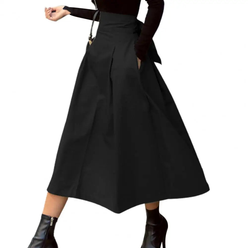 Solid Color Midi Skirt Women Summer Skirt High Waist A-Line Skirt for Women Ankle-Length Skirt faldas larga التنانير الطويلة Black