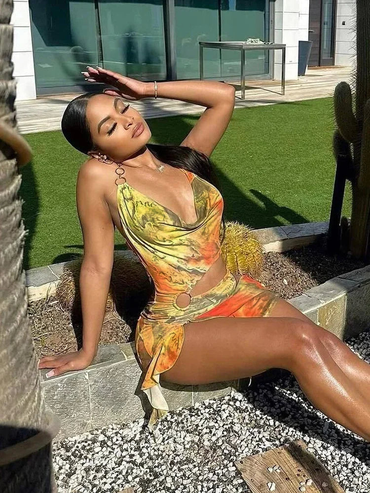 Sexy Printed Tie-dye Hollow Out Mini Dress Fashion Sleeveless Curling Edge Slim Fit Gown New Female Cocktail Party Vestidos 2025