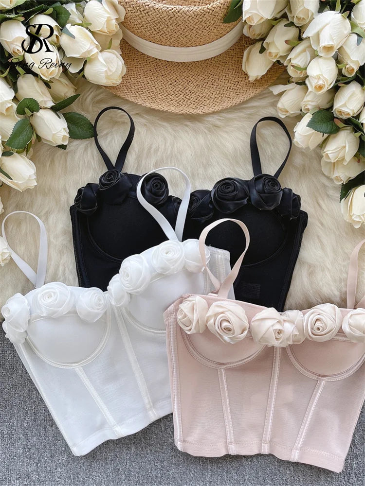 SINGREINY Female Rose 3D Flower Sexy Camisole Sleeveless Strapless Short Tank Tops Women Sheath Corset Streetwear Camis