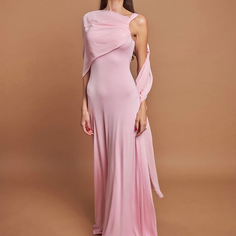 Pink Cape Sleeve Sexy Maxi Dress For Women Off-shoulder Backless Gown Elegant Skew Collar Lace-up Long Dress Vestido