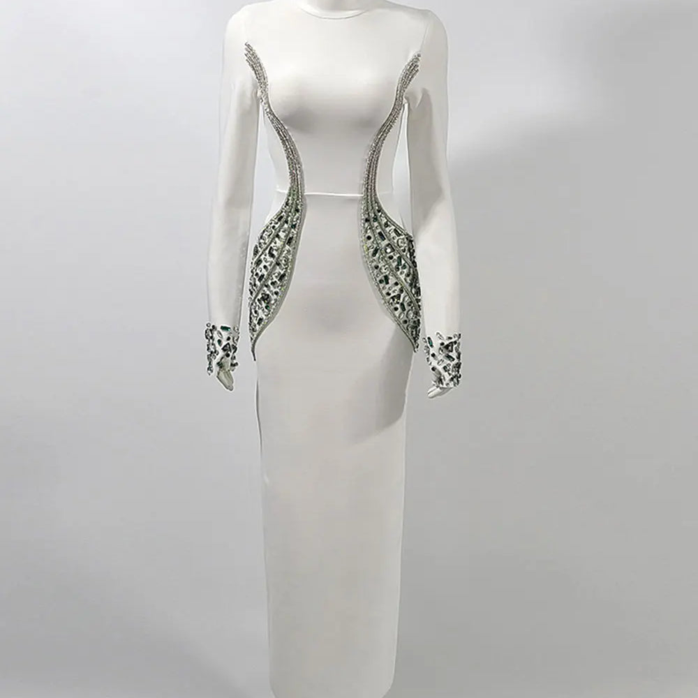 2024 Sexy Women's Heavy Industry Beaded Bandage Dress Bodycon Stand Collar Long Sleeve Midi Dress Cocktail Evening Party Vestido WHITE