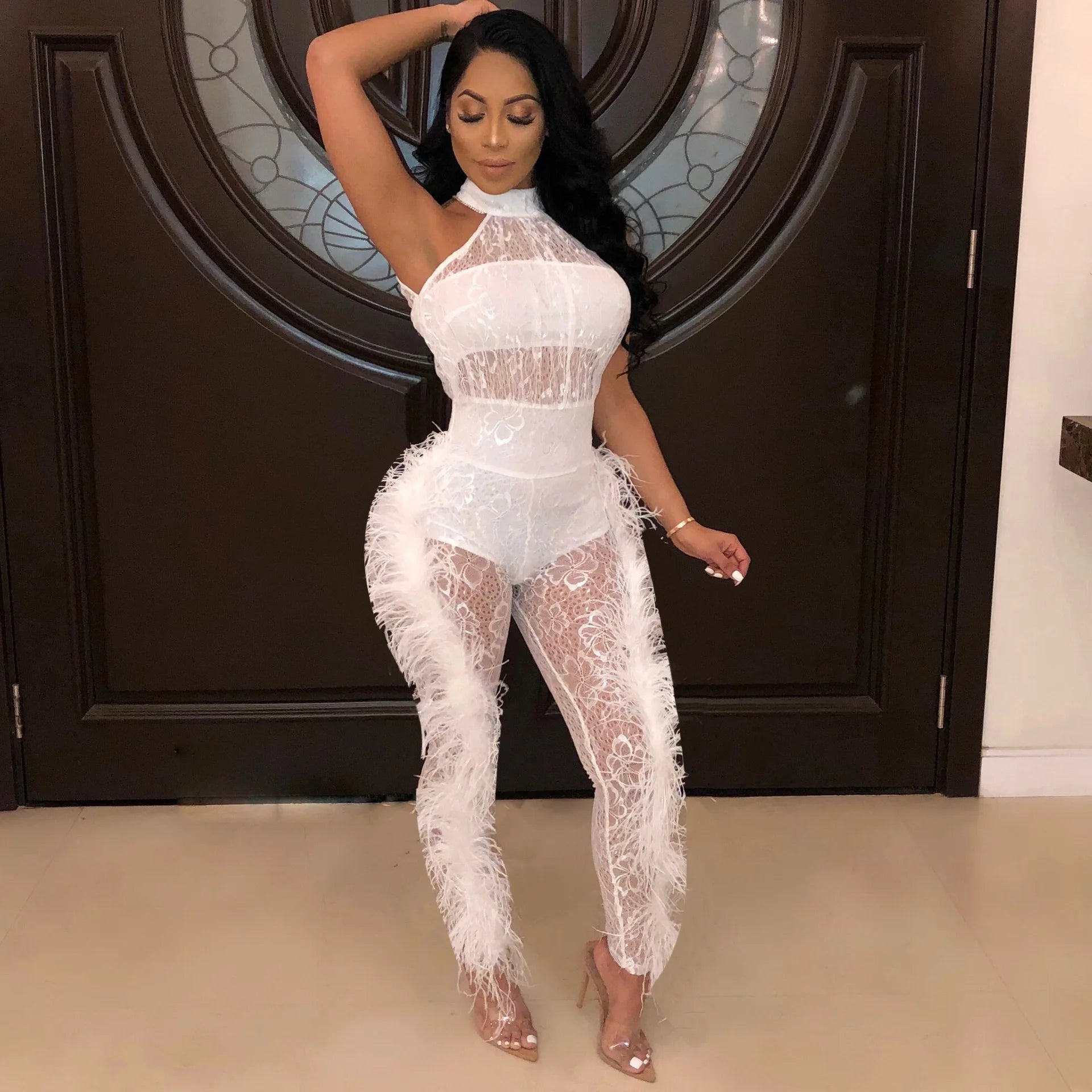 Fashion Women Sleeveless Lace See Though Fur Side Skinny Stretchy Jumpsuit Streetwear Sexy One Piece Suit INS Playsuits WHITE