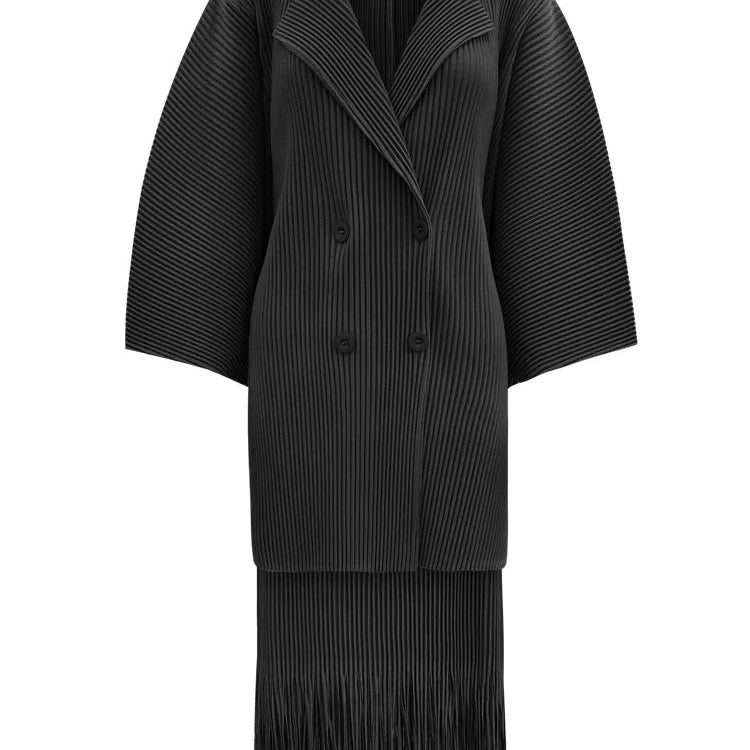 LANMREM Fashion Pleated 2 Piece Set Women Double Breasted Blazer Tassel Design Skirt Solid Color Spring New Clothing 32C701