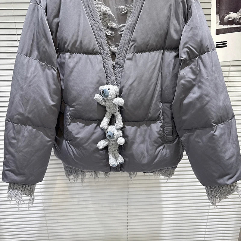 Winter New Sweet Fashion Button Knitted Collar Warm Jacket For Women Loose V-neck Loose Cotton-padded Coat 11A07666