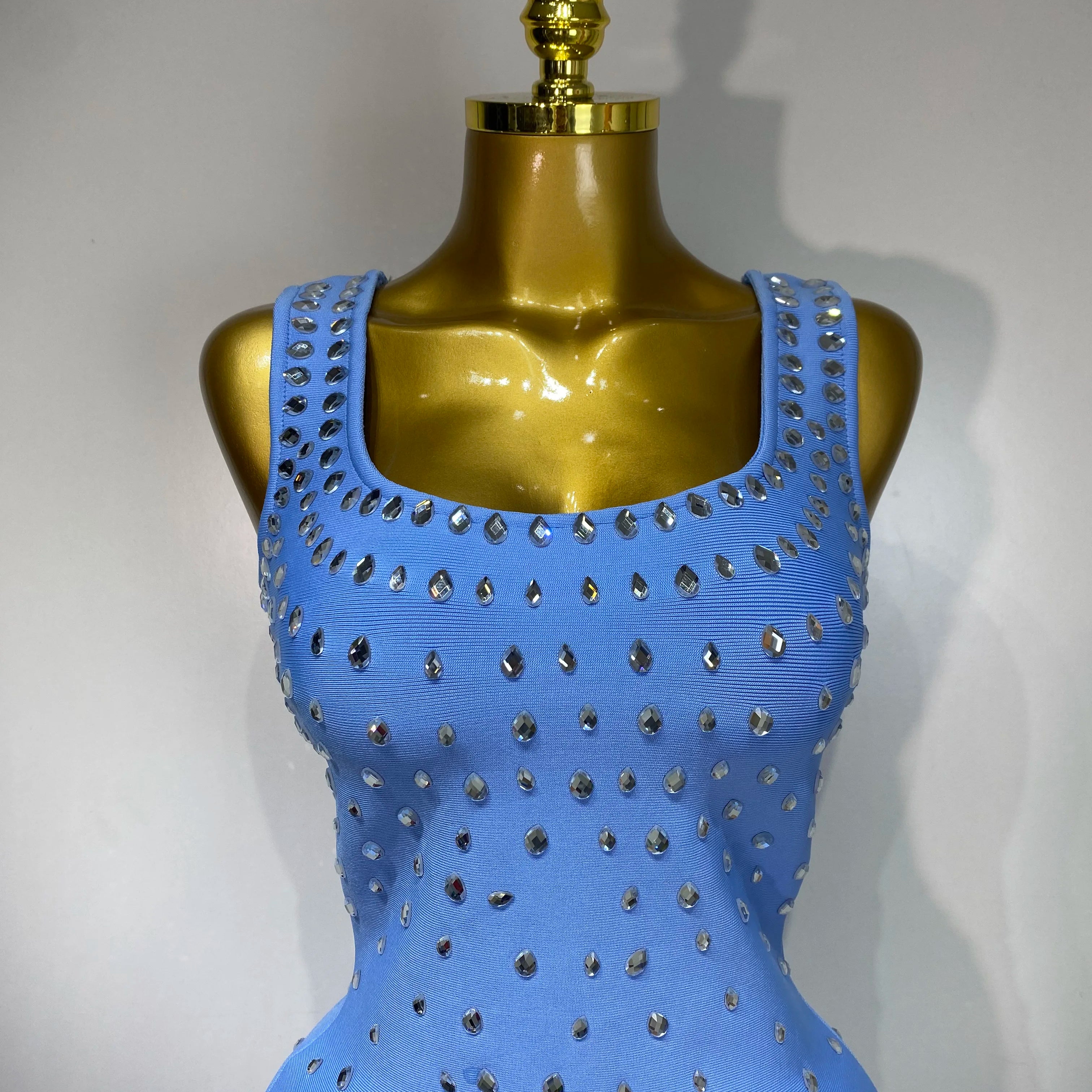 Women Sparkly Rhinestone Bandage Long Dress Elastic Sleeveless Bodycon High Street Evening Club Party Elegant Birthday Gowns