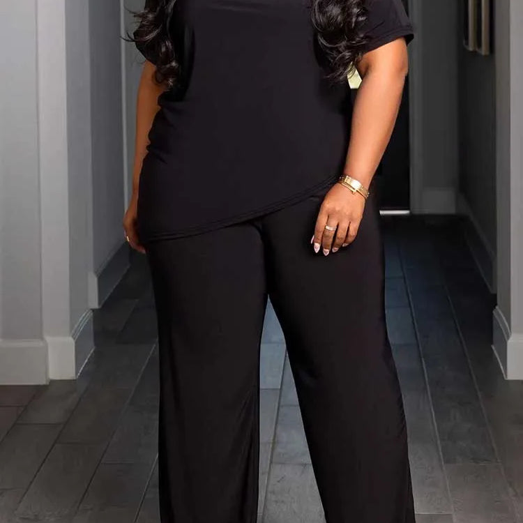 Plus Size Woman Clothing Summer Suit with Pants Casual Loose 2 Piece Sets Trousers and Top Solid Color Wholesale Dropshipping Pink