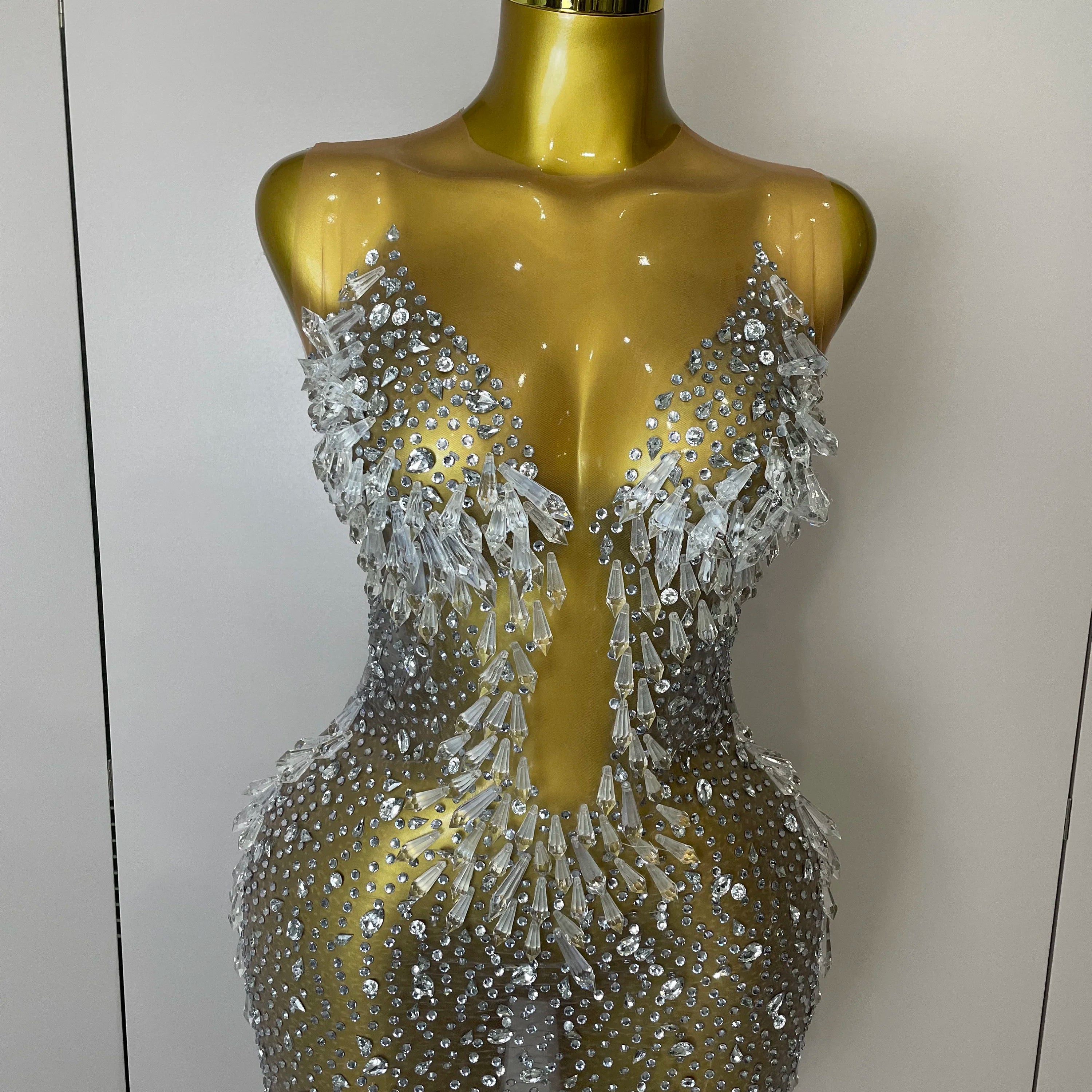 Stock 2025Women Luxury Sexy Mesh Crystal Diamonds Mini Dress Birthday Party Costume Nightclub Stage Performance Singer Outfit Silver
