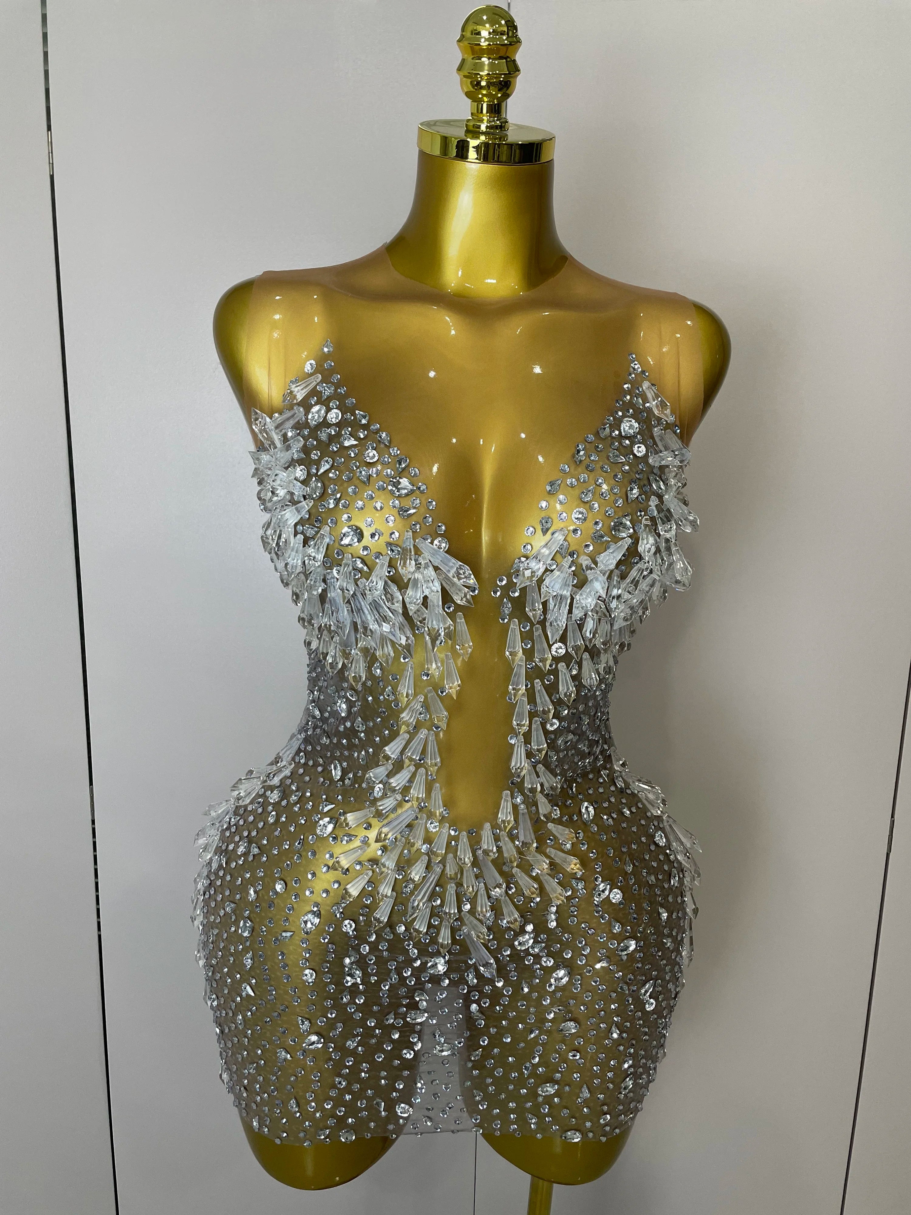 Stock 2025Women Luxury Sexy Mesh Crystal Diamonds Mini Dress Birthday Party Costume Nightclub Stage Performance Singer Outfit Silver