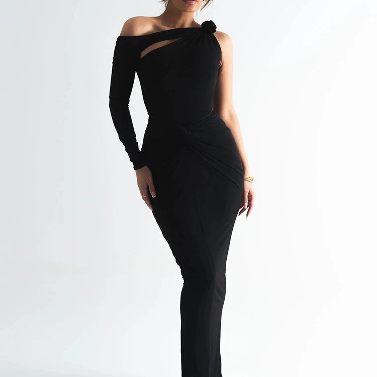 Mozision Rose One Shoulder Backless Sexy Maxi Dress For Women Hollow Out Single Sleeve Ruched Bodycon Club Party Long Dress