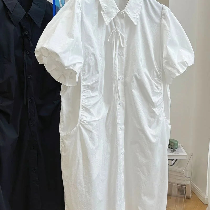 Loose Drawstring White Lantern Short Sleeve Shirt Dress Vestidos Elegantes Para Mujer Maxi Single Breasted Women es
