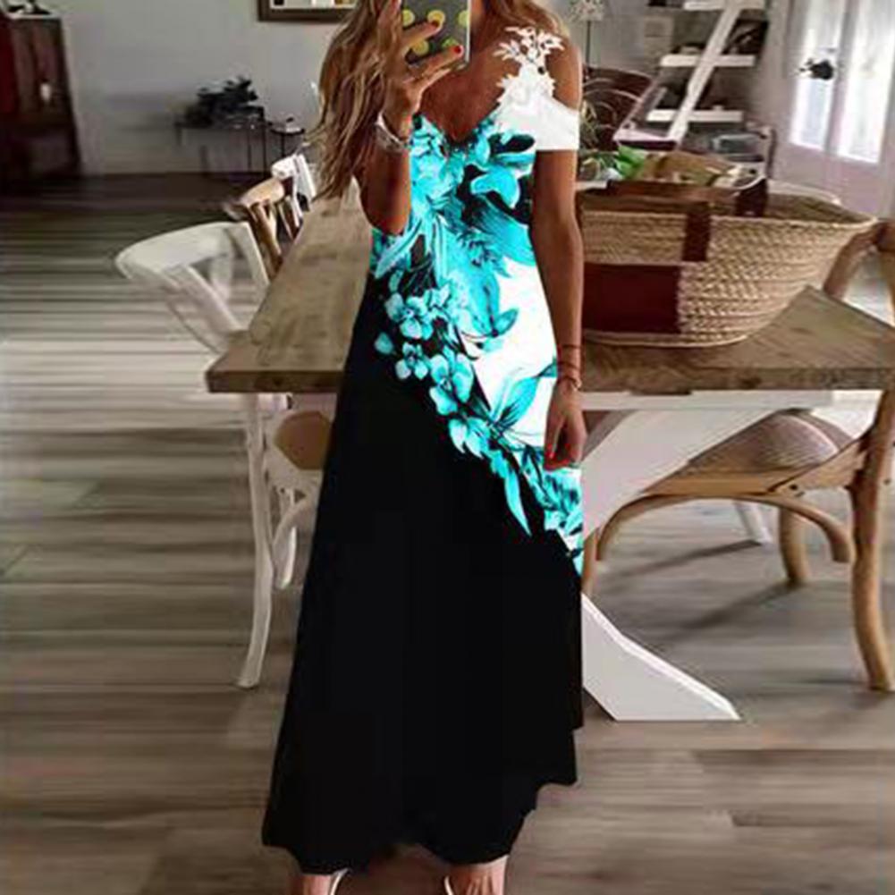 Women Floral Print Maxi Dress Boho Lace Sling Hollow Out A Line Long Dress Ladies Casual Loose V-Neck Beach Party dress Vestidos Style2