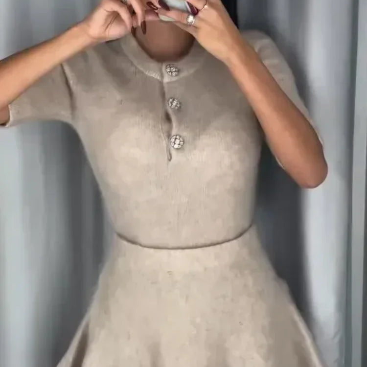 Women Fashion Wool Half Sleeve Slim Skirts Suits Female Button Knit Top Suit New Lady Commute Casual Knitted Outfits
