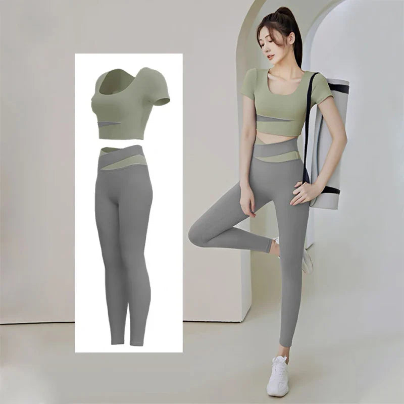 Women 2 Pcs Gym Set Sports Crop Top Bra Running Fitness Yoga Suit Sport Outfit Gymwear Lady Workout Clothes High Waist Leggings green