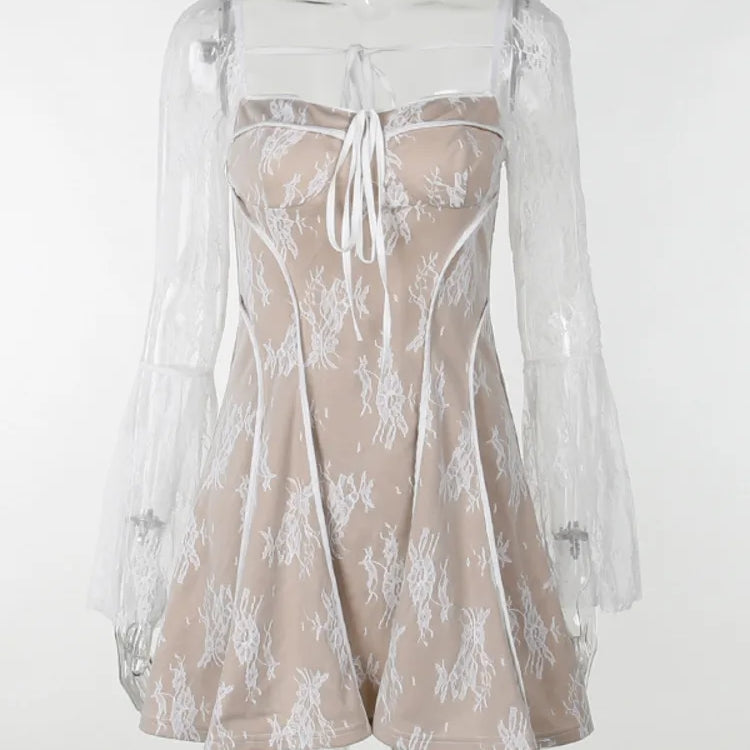 Elegant Print Mini Dress For Women Autumn Winter New Square Collar Long Sleeve Backless Loose Club Party Sexy Dress