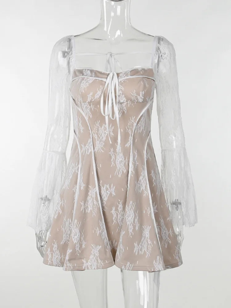 Elegant Print Mini Dress For Women Autumn Winter New Square Collar Long Sleeve Backless Loose Club Party Sexy Dress