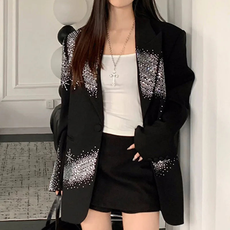 Solid Loose Spliced Hot Fix Elegant Jackets for Women Lapel Long Sleeves Patchwork Button Jacket Female Fashion New BLACK