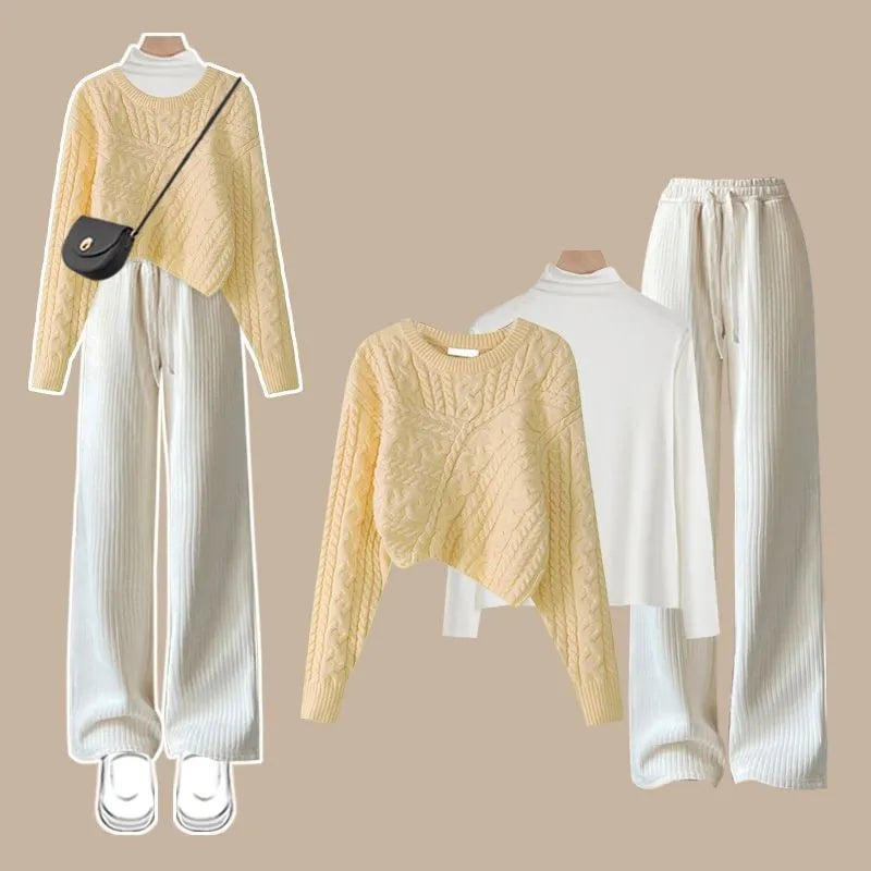 Women's Autumn Winter Suit 2024 New Fashion Knitted Sweater Undershirt Casual Pants 3 Piece Korean Elegant Trousers Matching Set Set 02