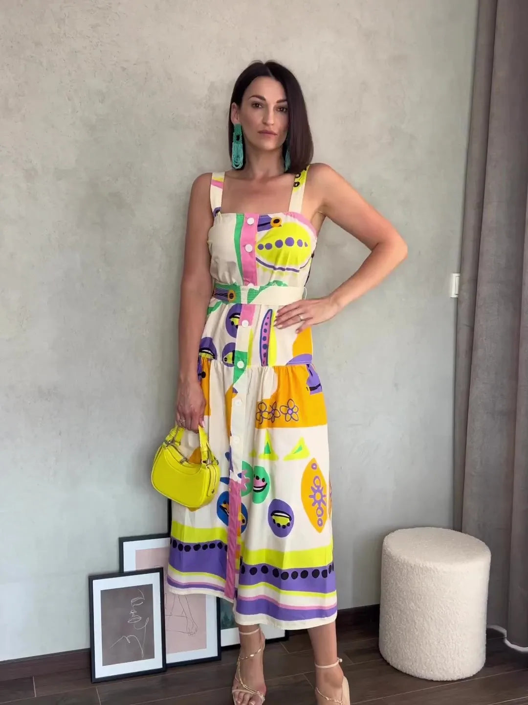 Print Square Neck Sling Midi Dress Women Single Breasted Belt Decoration A-line Dresses Summer Female Chic Beach Party vestido