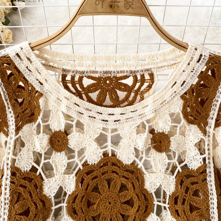 SINGREINY Sunscreen Hook Summer Knit Top Women Elegant O Neck Hollow Out Lantern Sleeve Ladies Vacation Tassel Beach Blouse