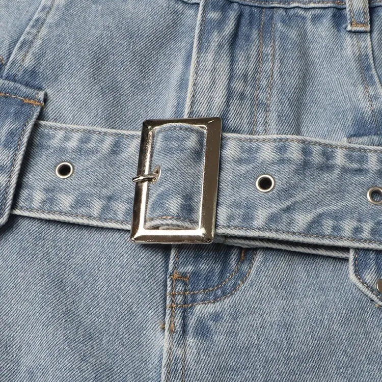 Casual Cut Out Denim Trousers For Women High Waist Patchwork Belt Vintage Streetwear Jean Female Fashion Clothing