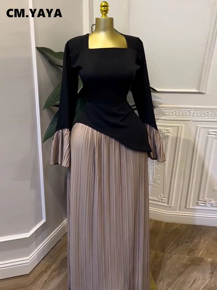 CM.YAYA Women Patchwork Flare Long Sleeve U-collar Pleated Big Swing Maxi Long Dress 2025 Birthday Sexy Club Party Even Dresses