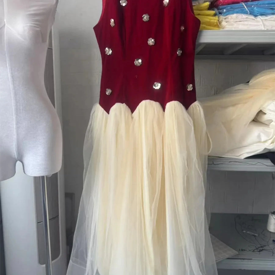 Hit Color Spliced Appliques Elegant Dresses for Women Round Neck Sleeveless Patchwork Mesh Dress Female Fashion New WINERED