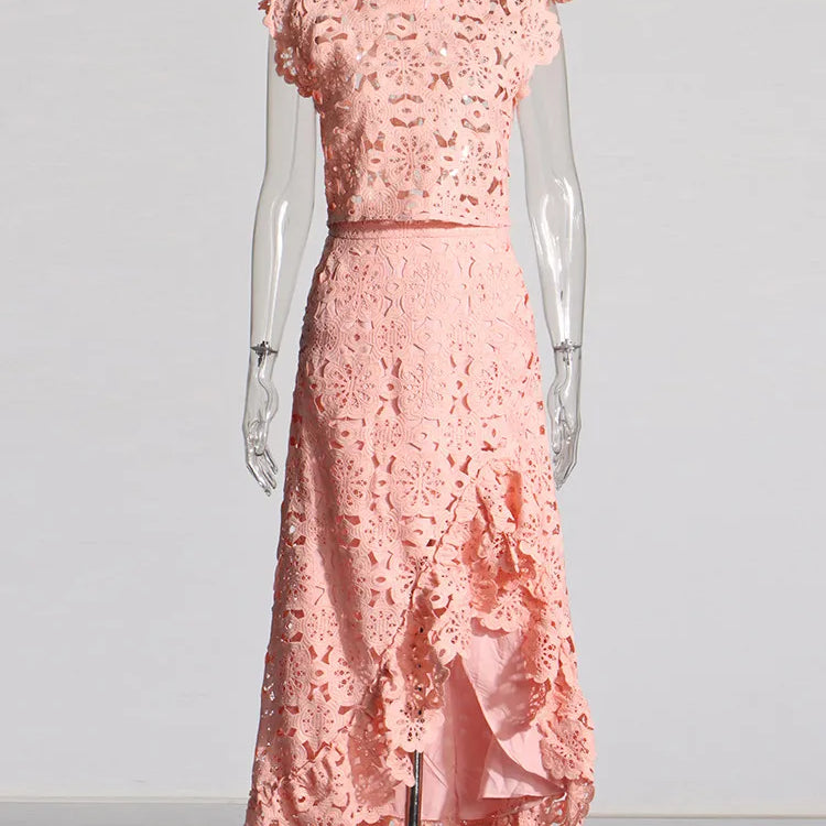 Hollow Out Embroidery Two Piece Set For Women Round Neck Sleeveless Top High Waist Split Skirts Elegant Sets Female