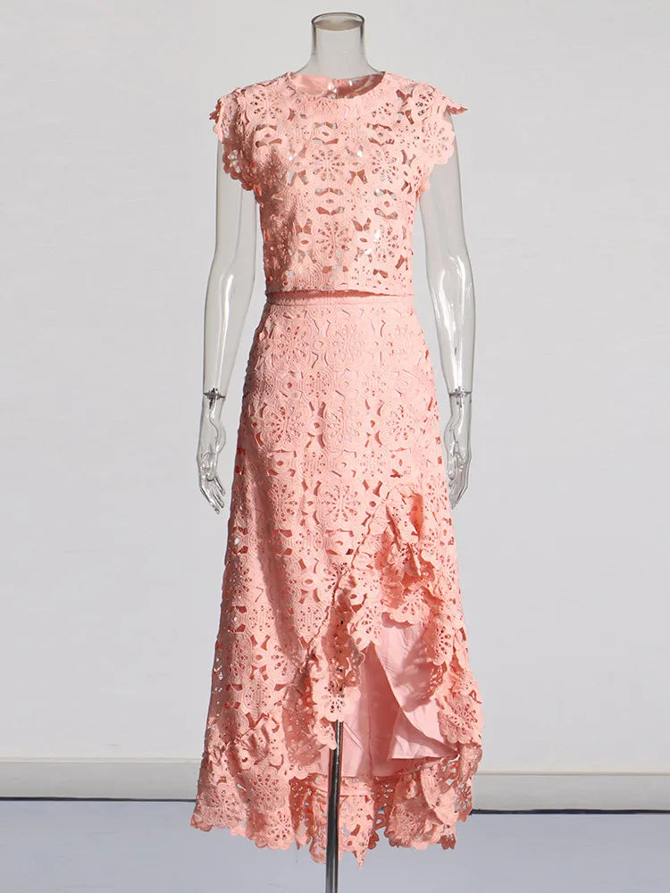 Hollow Out Embroidery Two Piece Set For Women Round Neck Sleeveless Top High Waist Split Skirts Elegant Sets Female