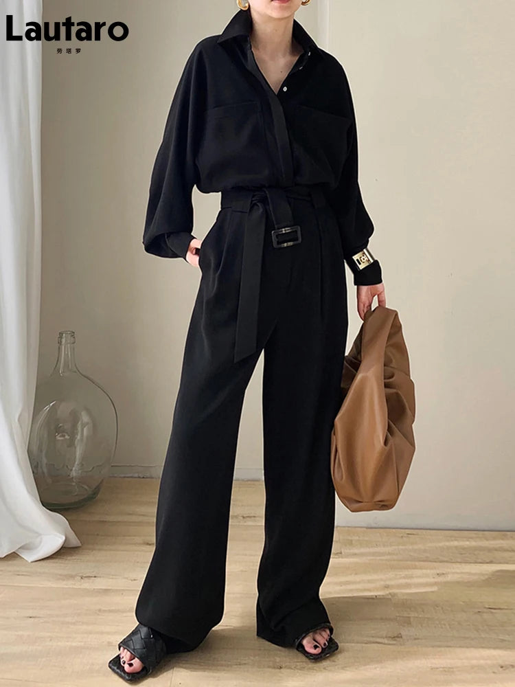 Lautaro Spring Autumn Beige Long Soft Flowy Stretchy Jumpsuit Women with Belt Black One Piece Shirt Jumpsuits for Women 2025