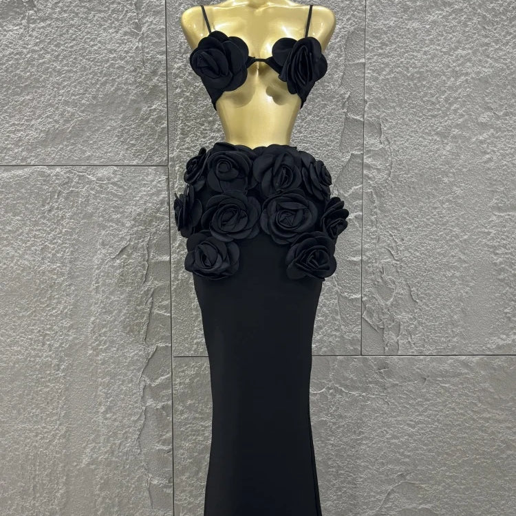 Hot Sale Women Sexy Strap Florlas 2 Pieces Bodycon Long Bandage Dress Nightclub Party Bar Singer Celebrate Birthday Outfit black