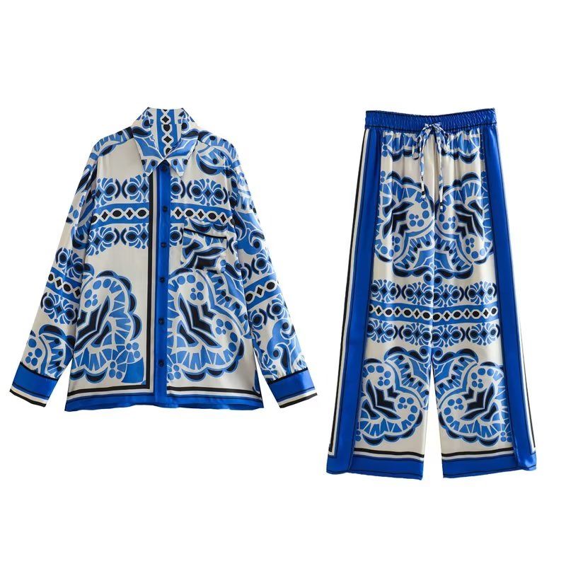 Woman Shirts Pants Sets 2024 New Summer Geometric Print Loose Long sleeved Shirts Fashion Elastic Waist Wide Leg Pants Outfits 2 piece sets-Blue
